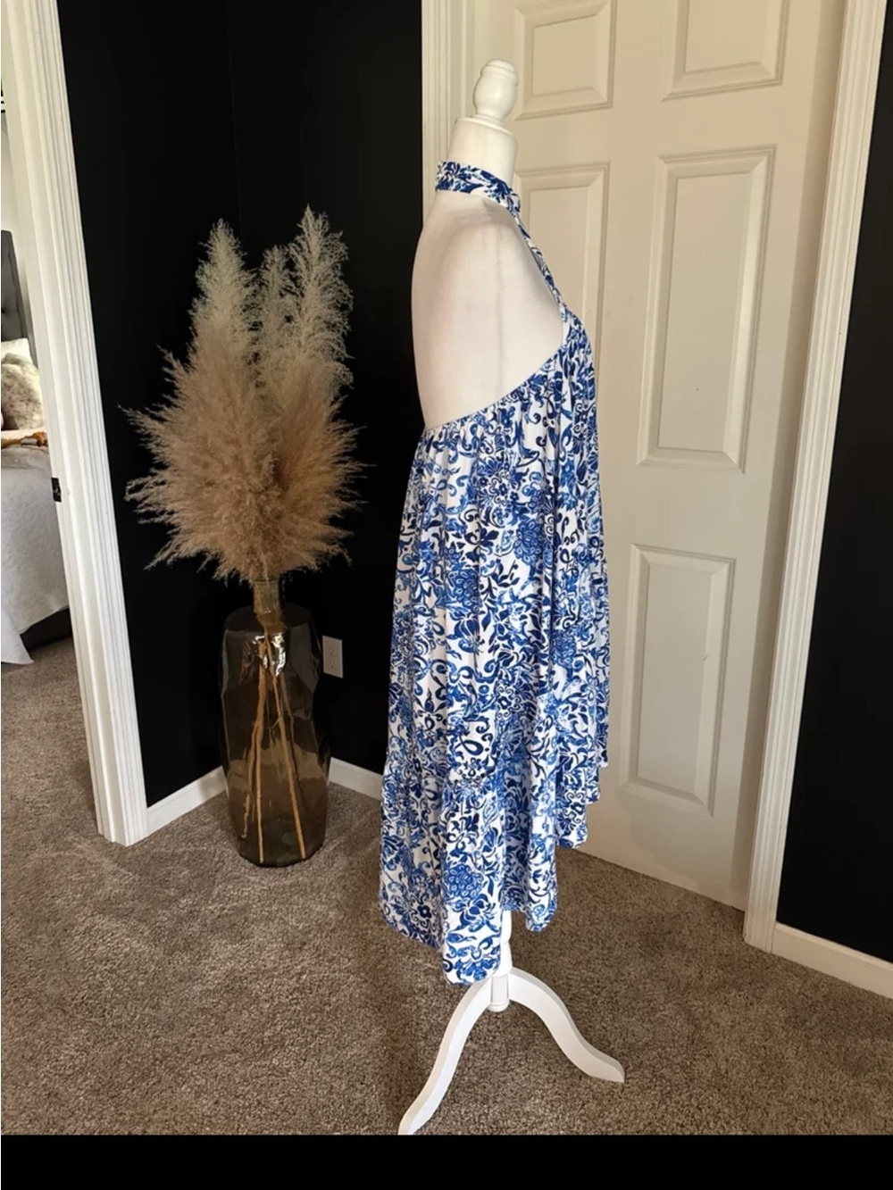 Olivaceous Blue White Toile High Neck High-Low Dress Size Small - Picture 8 of 12